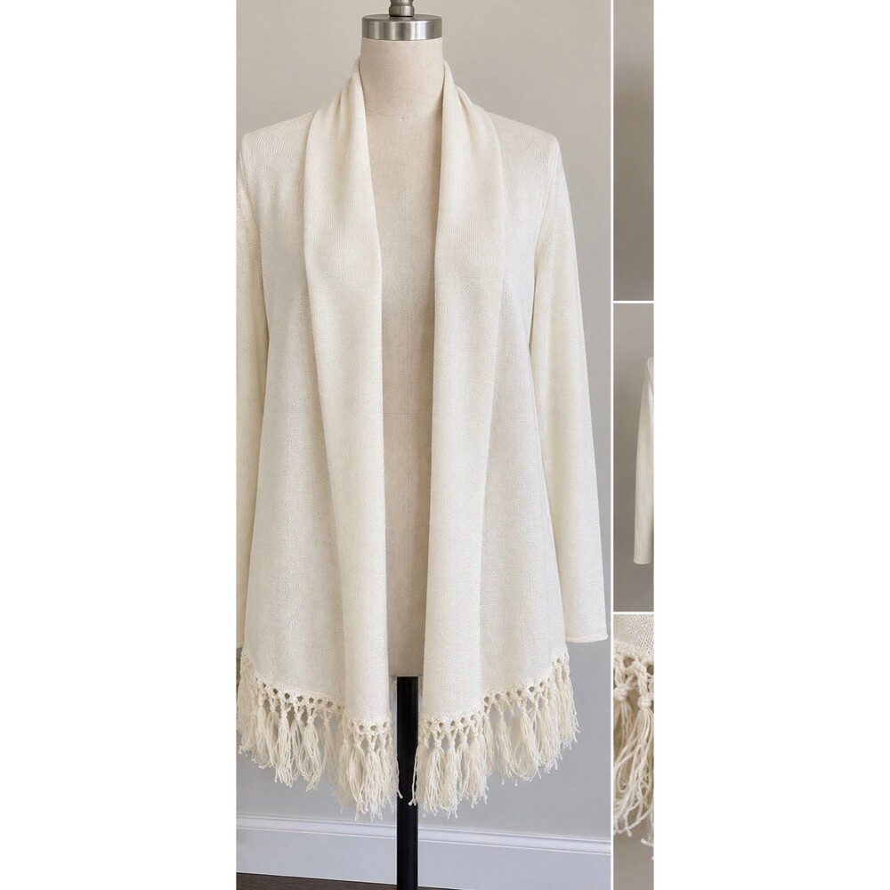 Lilly Pulitzer Ivory Cream Fringe Open Front Cardigan Sweater Size L